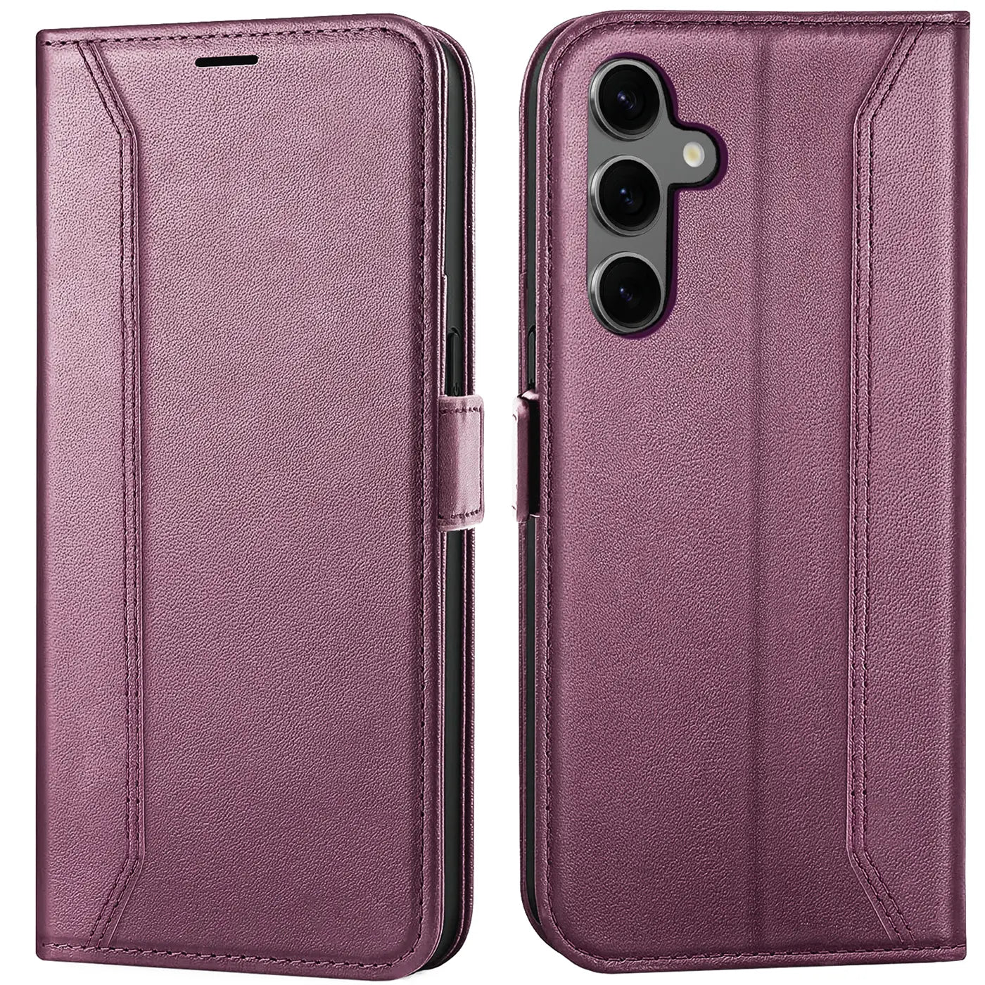 Lila Leder Klapphülle mit RFID-Schutz, Vorder- und Rückansicht, für Samsung Galaxy S24.