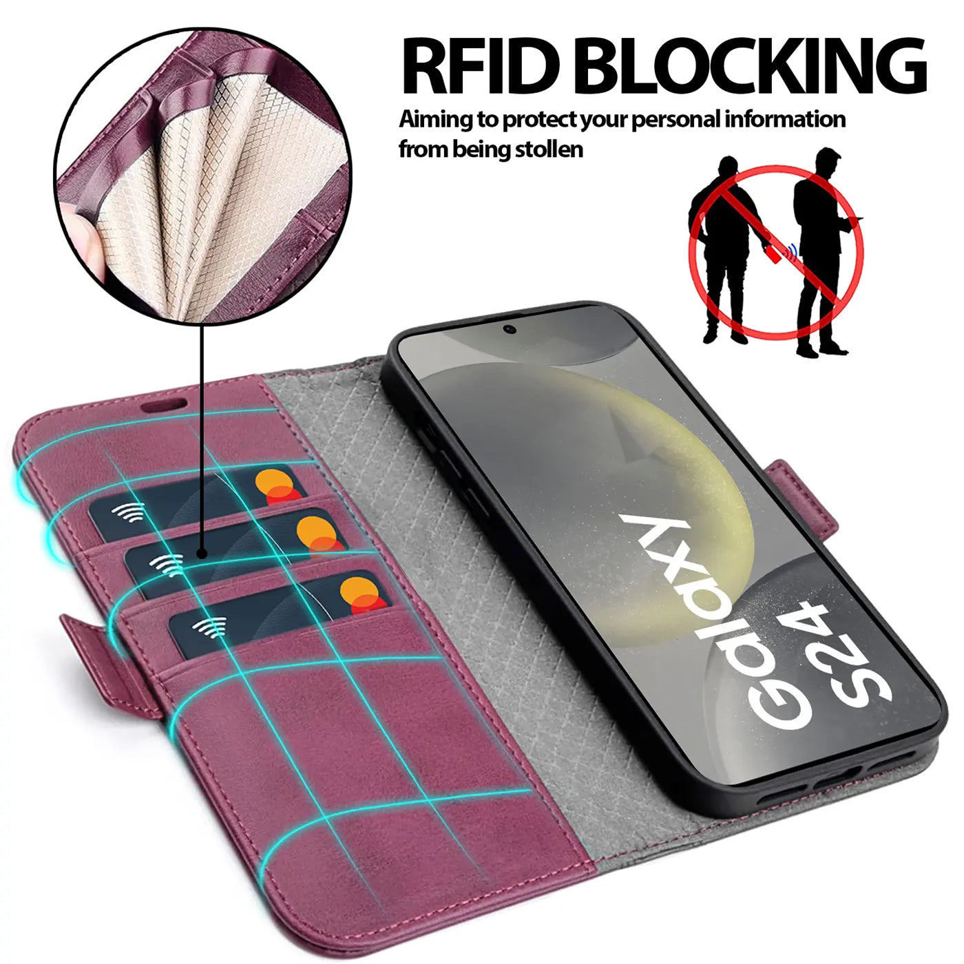 Dunkelrote Klapphülle aus Leder mit Kartenfächern und Samsung Galaxy S24.