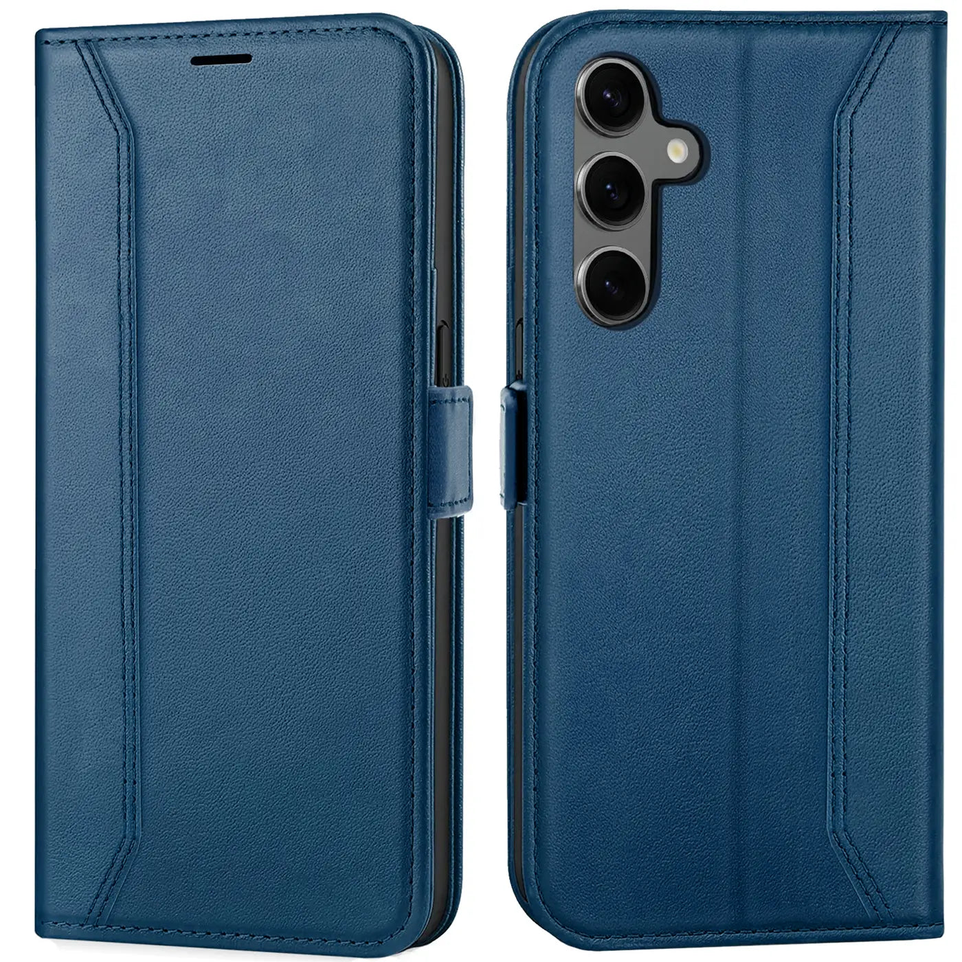 Blaue Leder-Klapphülle mit RFID-Schutz, Vorder- und Rückansicht, für Samsung Galaxy S24 Plus.