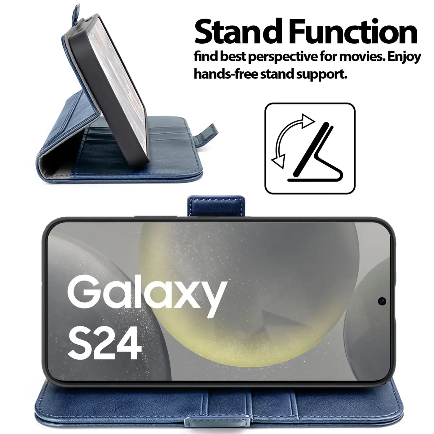 Blaue Kunstleder-Klapphülle für Samsung Galaxy S24 Plus, von vorne und Seite, mit Standfunktion.