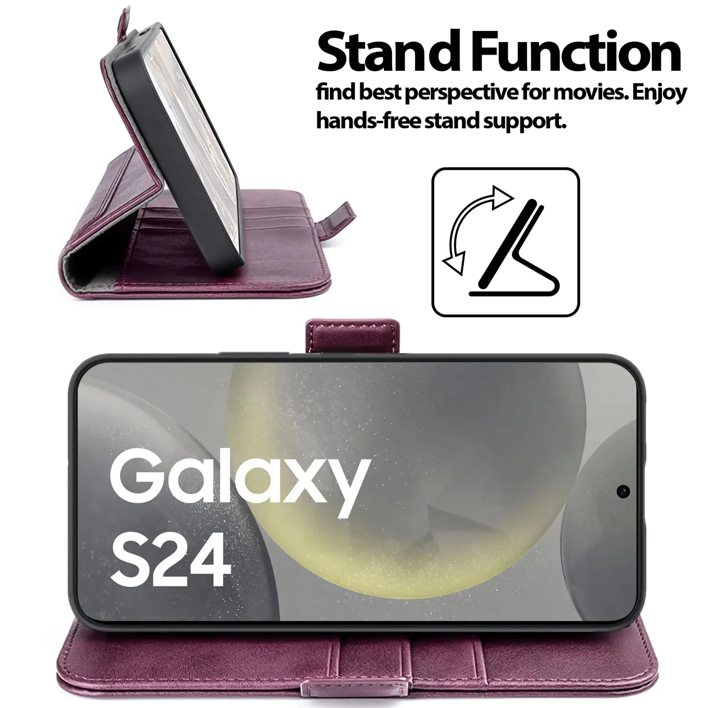Dunkelrote Lederhülle, seitliche Ansicht, Samsung Galaxy S24 Plus mit Standfunktion.