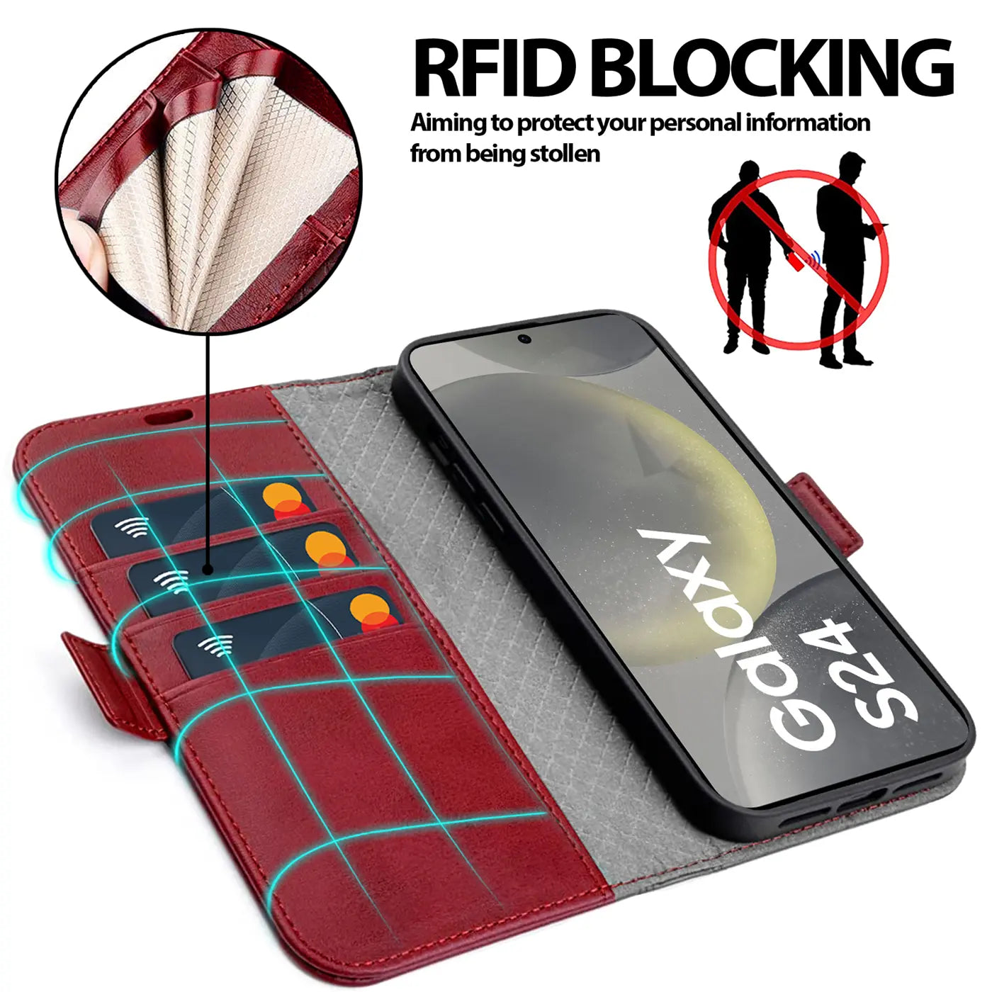 Rote Leder-Klapphülle mit Kartenfächern, Samsung S24 Plus, von oben links