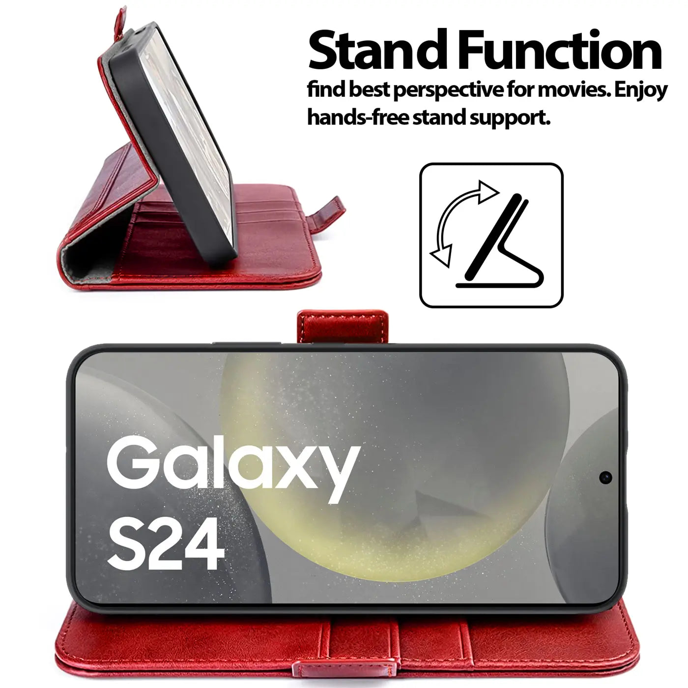 Rote Leder-Klapphülle mit Samsung Galaxy S24, Seitenansicht und Frontansicht.