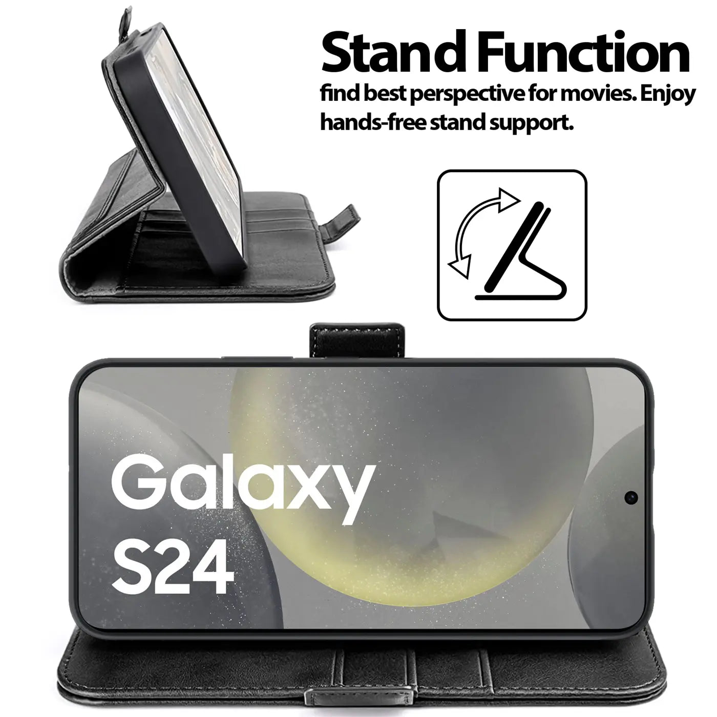 Schwarze Leder-Klapphülle für Samsung Galaxy S24, Seitenansicht und Frontansicht.