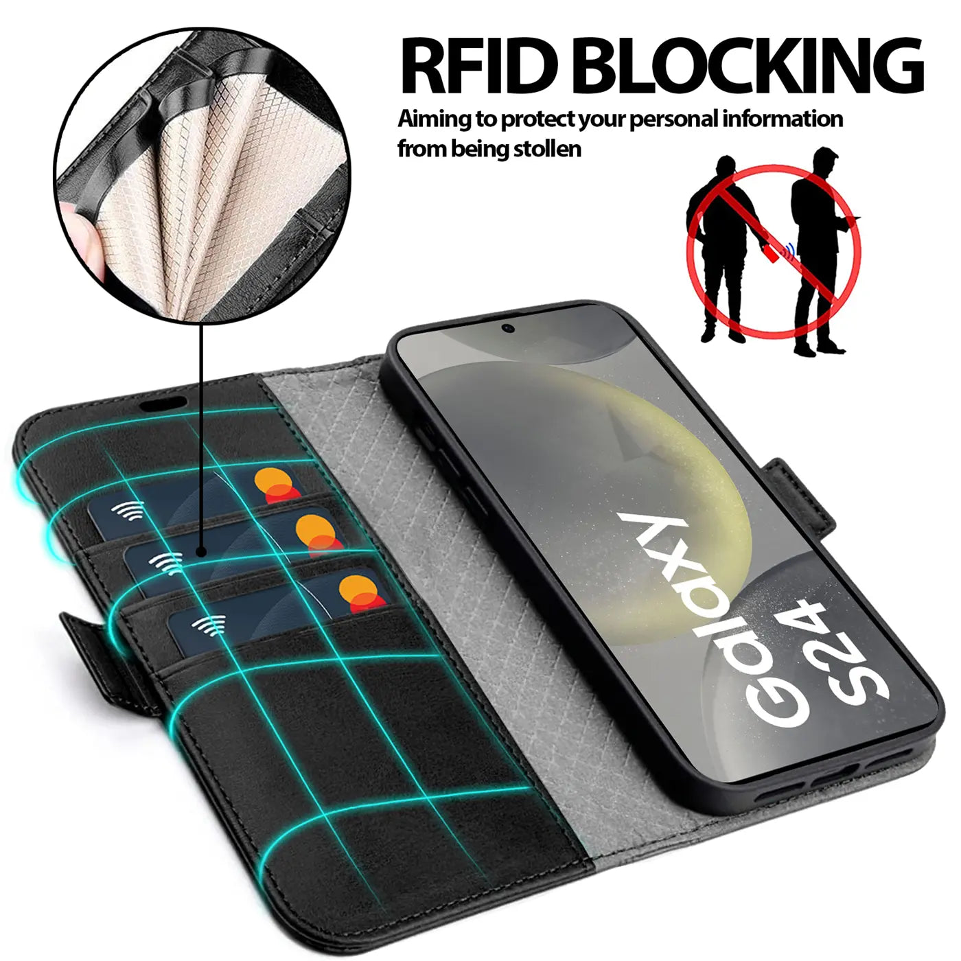 Schwarze Leder-Klapphülle mit Kartenfächern und Samsung Galaxy S24, von oben schräg.