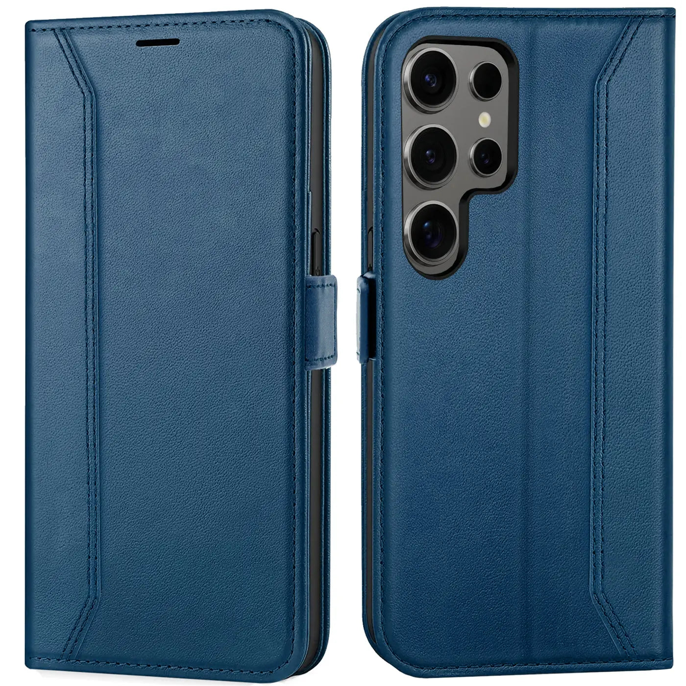 Blaue Leder-Klapphülle, Vorder- und Rückansicht, für Samsung Galaxy S24 Ultra.