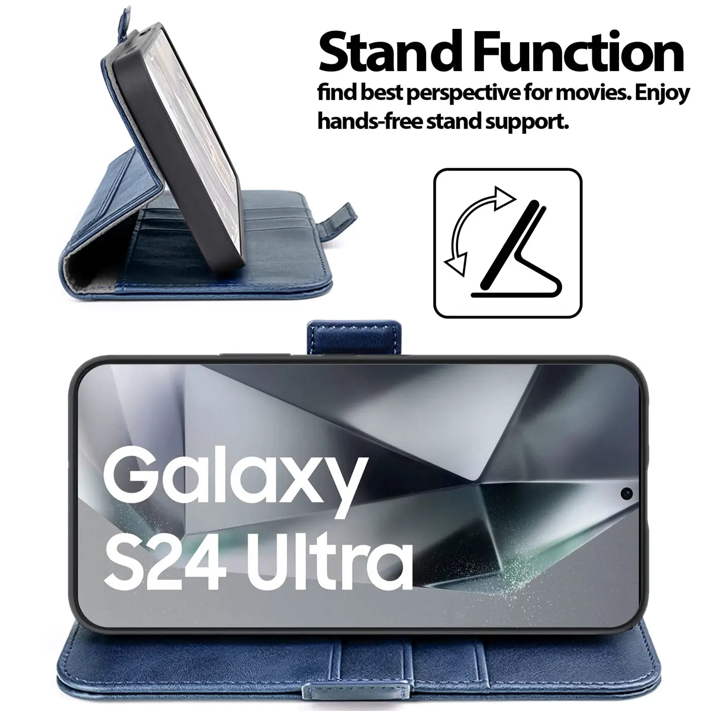 Dunkelblaue Kunstleder-Klapphülle im Querformat, zeigt Samsung Galaxy S24 Ultra im Ständer.