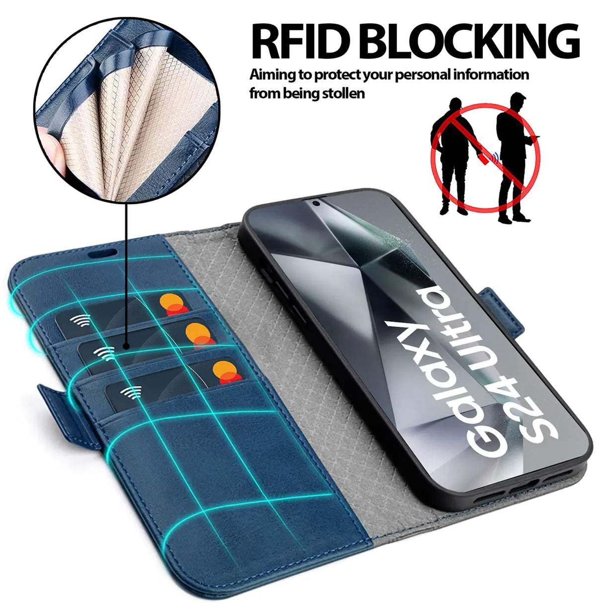 Samsung Galaxy S24 Ultra Klapphülle im Lederlook mit RFID Block in Blau