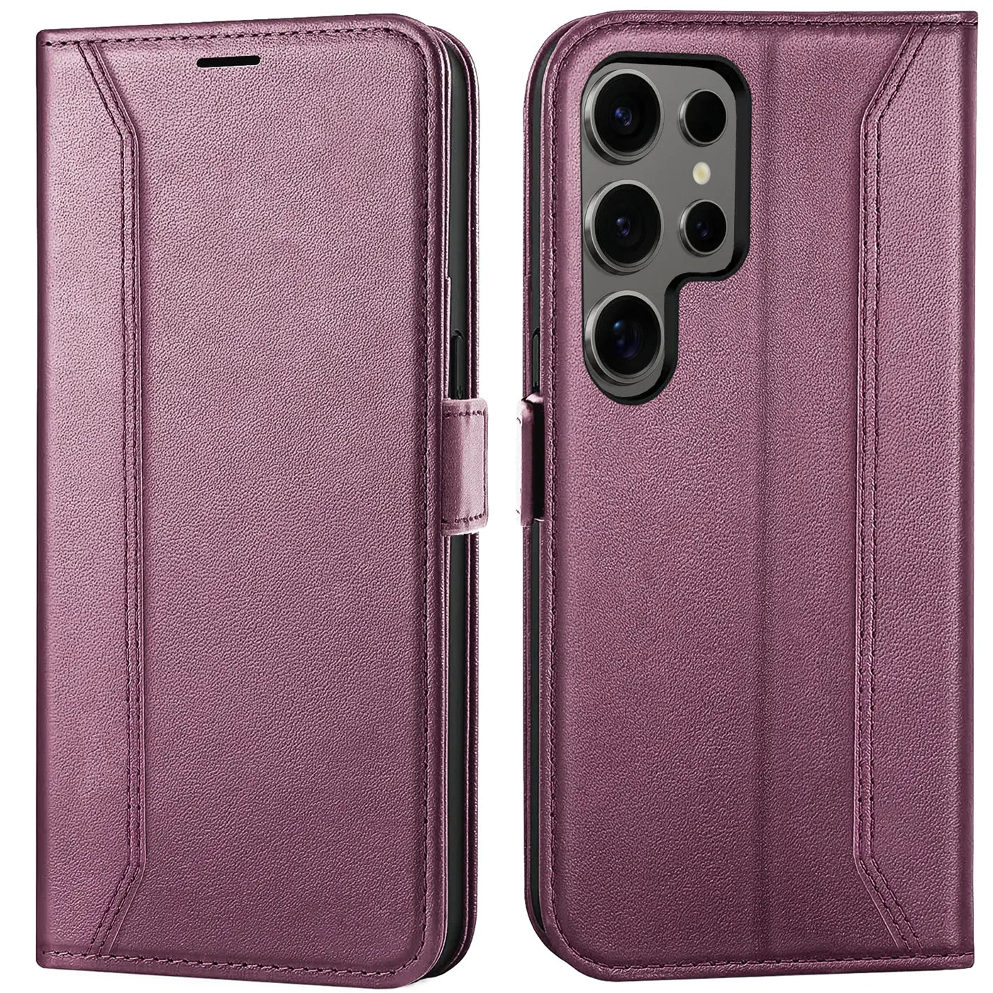 Lila Leder-Klapphülle mit RFID-Schutz für Samsung Galaxy S24 Ultra, Vorder- und Rückansicht.