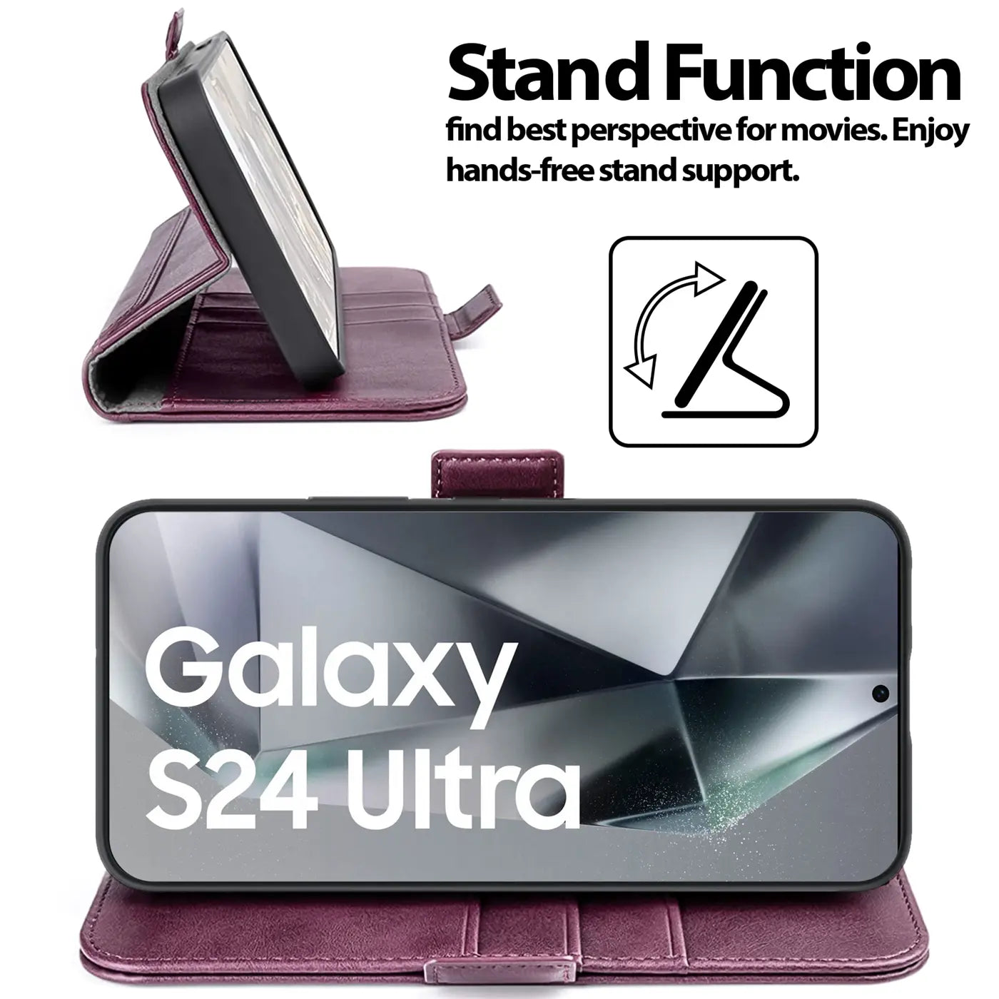 Dunkelrote Leder-Klapphülle mit Ständerfunktion für Samsung Galaxy S24 Ultra.
