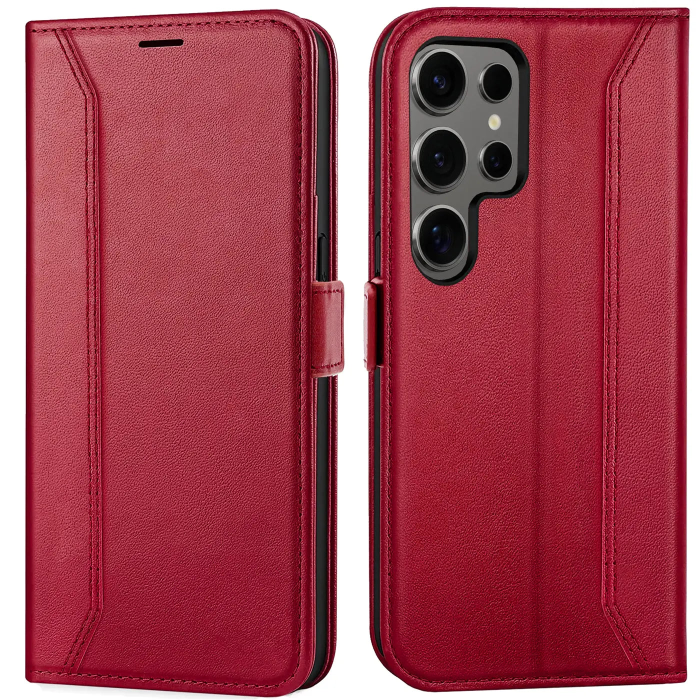 Rote Leder-Klapphülle, Vorder- und Rückansicht, zeigt Samsung S24 Ultra Kamera.