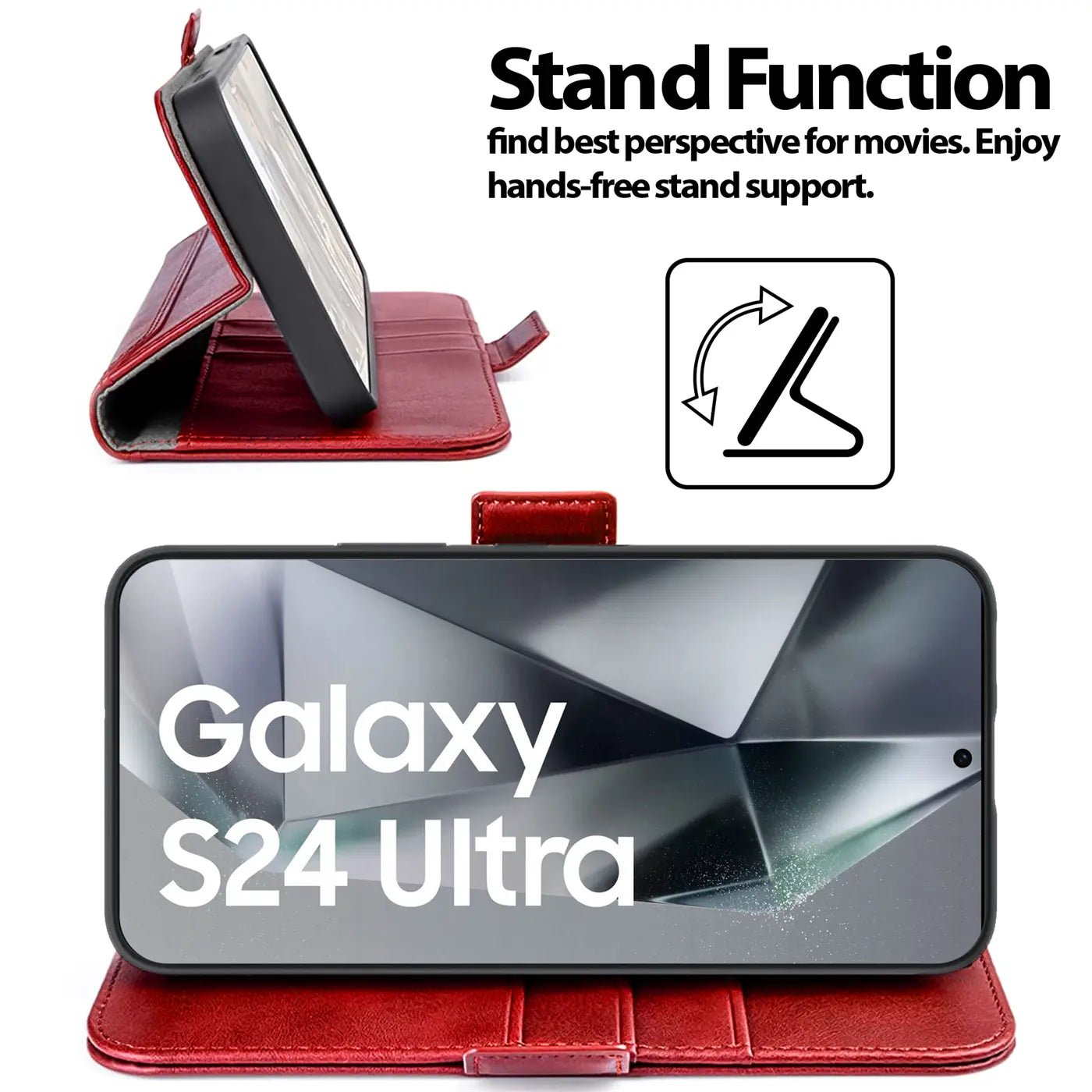 Rote Lederklapphülle mit Samsung Galaxy S24 Ultra, von vorne und schräg