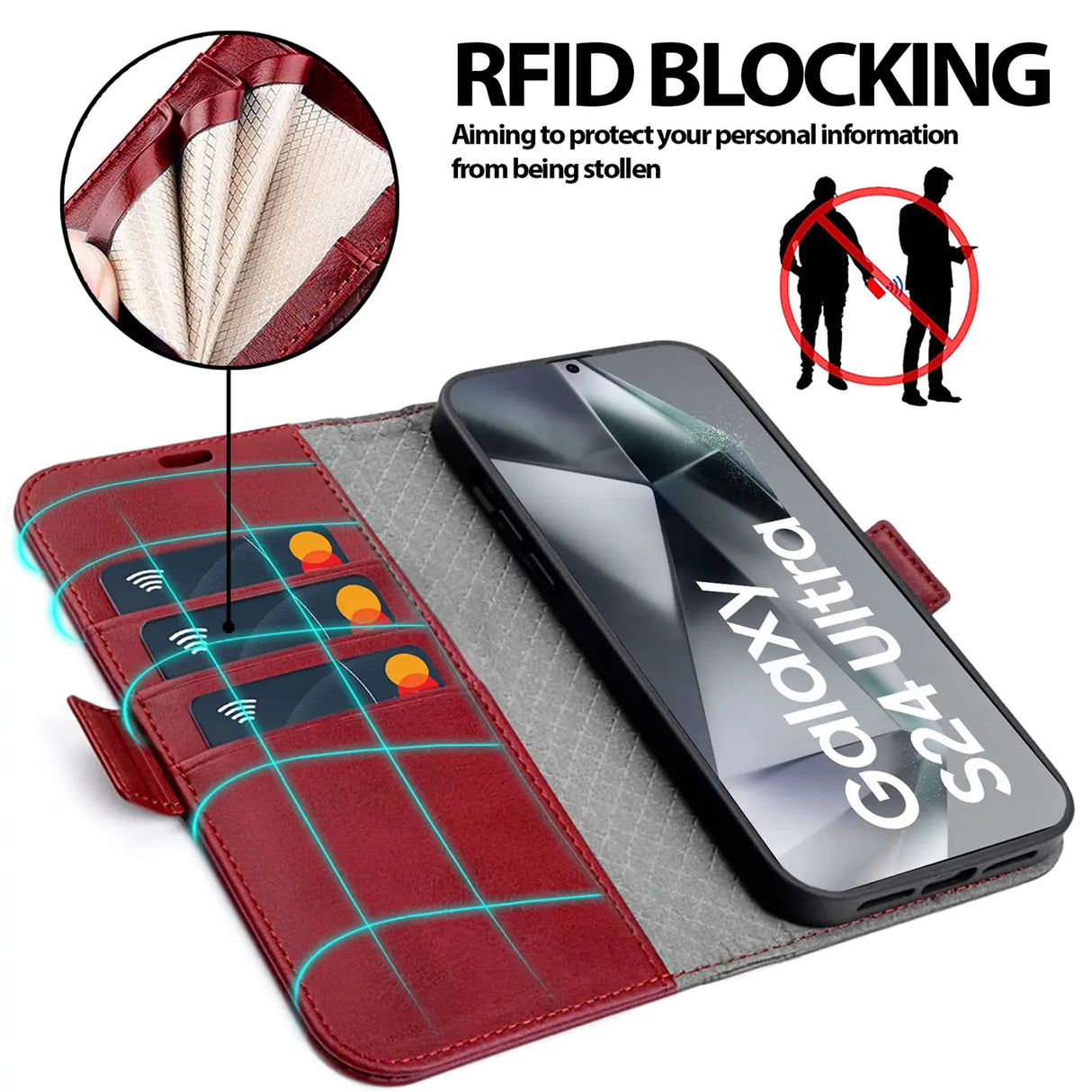 Samsung Galaxy S24 Ultra Klapphülle im Lederlook mit RFID Block in Rot