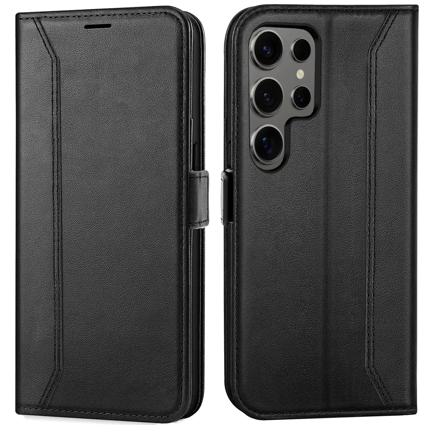 Schwarze Leder-Klapphülle mit RFID-Schutz, Vorder- und Rückansicht, Samsung Galaxy S24 Ultra.