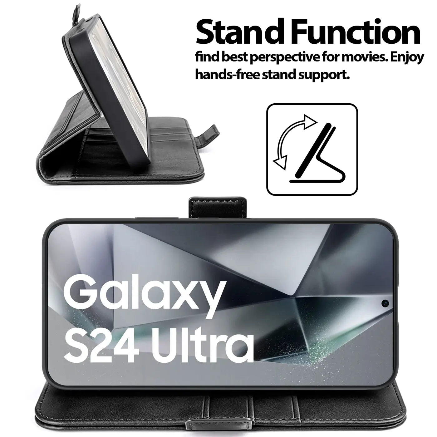 Schwarze Leder-Klapphülle, seitliche Ansicht, mit Samsung Galaxy S24 Ultra im Ständer-Modus.