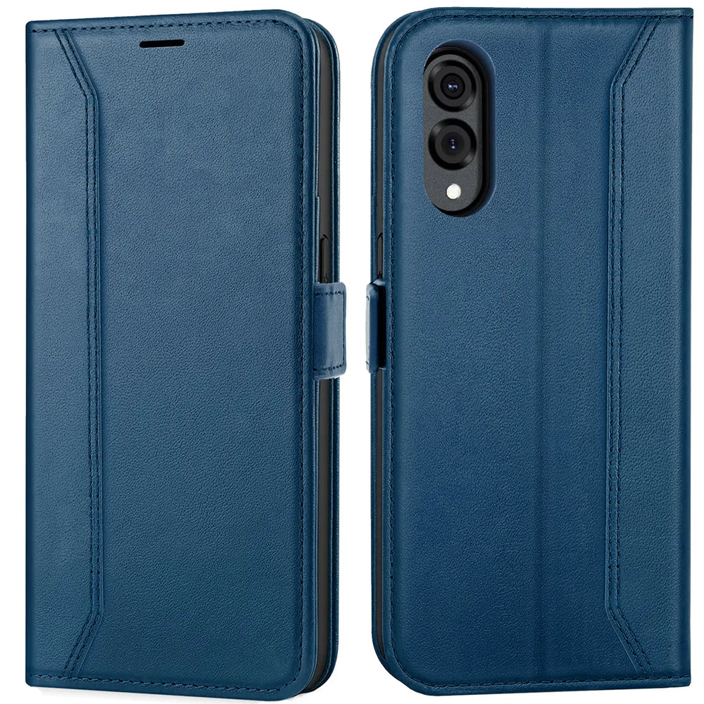 Blaue Leder-Klapphülle, Vorder- und Rückansicht, zeigt Kameraaussparung für Samsung Galaxy S25 Edge.