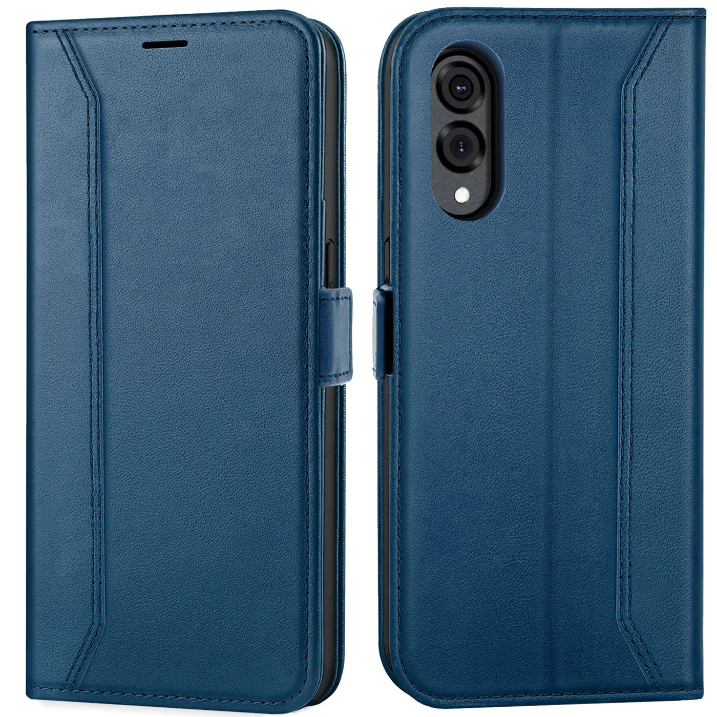 Blaue Leder-Klapphülle, Vorder- und Rückansicht, zeigt Kameraaussparung für Samsung Galaxy S25 Edge.