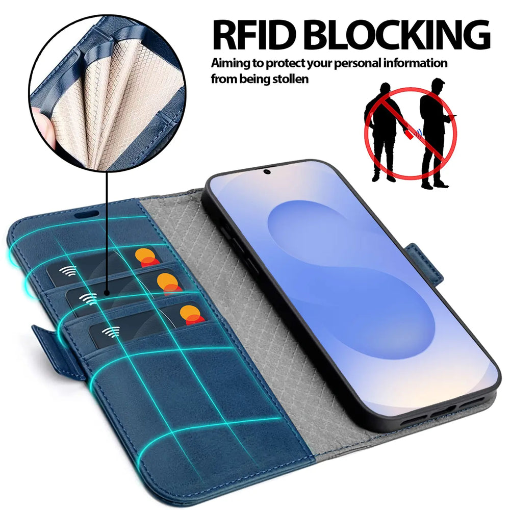 Blaue Leder-Klapphülle mit Kartenfächern, zeigt ein Smartphone von vorne.