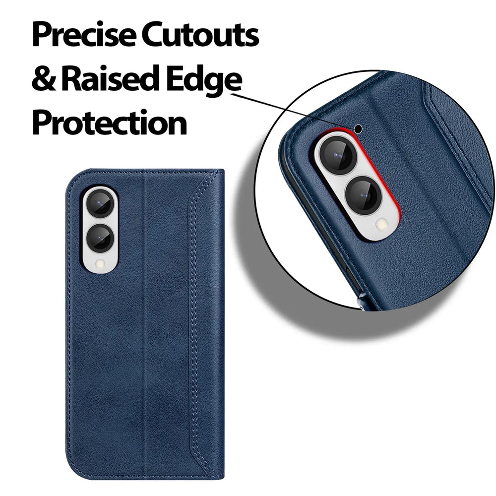 Dunkelblaue Leder-Klapphülle für Samsung Galaxy S25 Edge, Nahaufnahme Kamera.