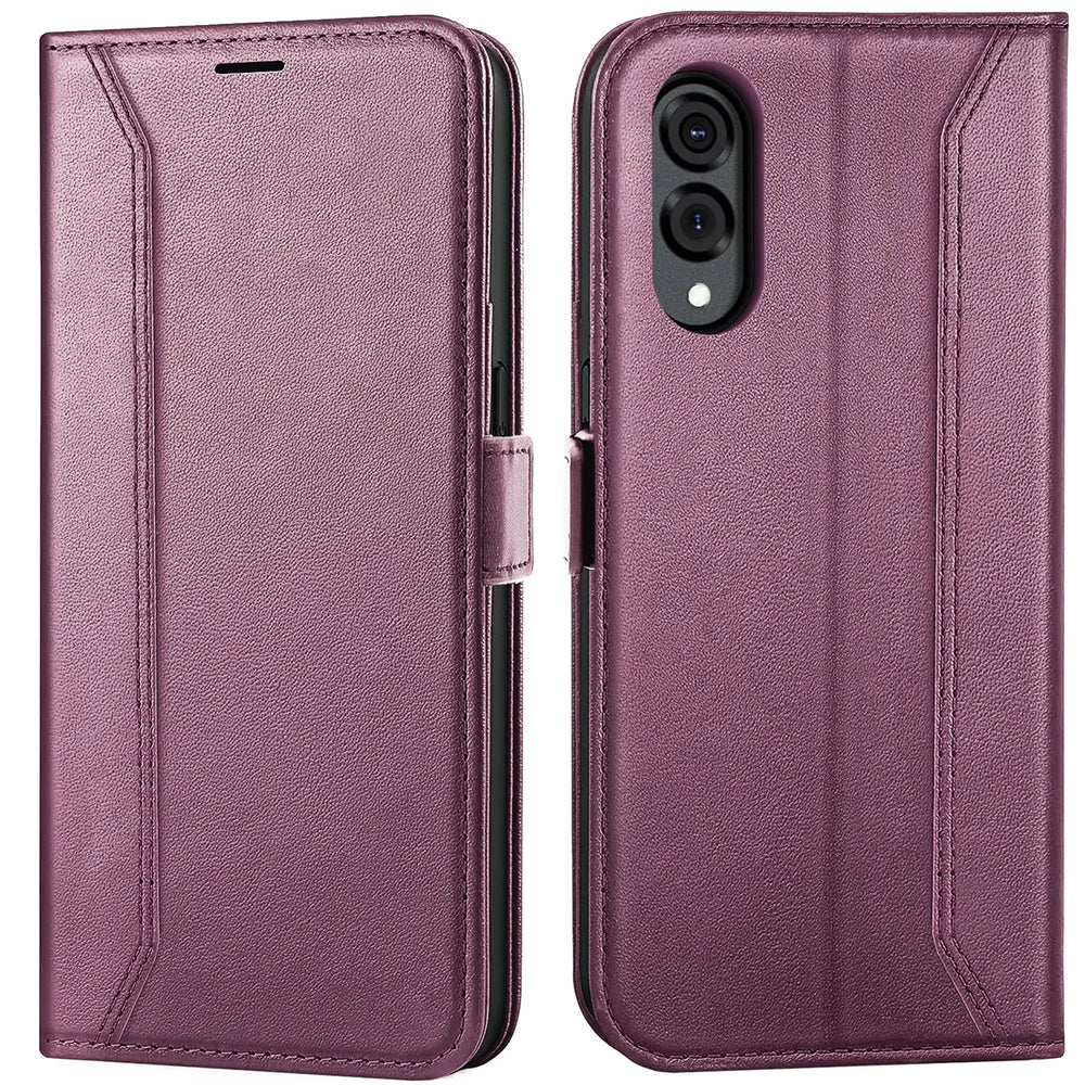 Lila Leder Klapphülle, Vorder- und Rückansicht, für Samsung Galaxy S25 Edge.