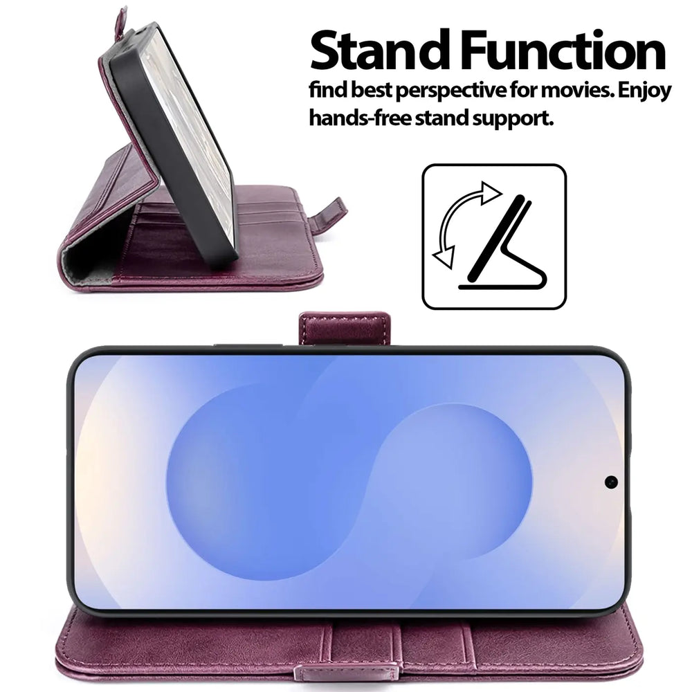 Dunkelrote Leder-Klapphülle für Samsung Galaxy S25 Edge, Seitenansicht, aufgestellt