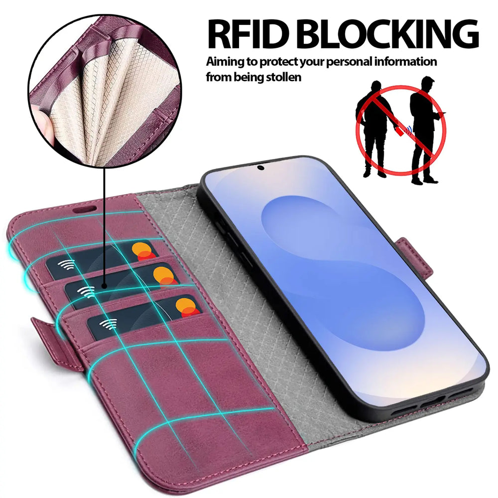 Dunkelrote Kunstleder-Klapphülle mit Kartenfächern und Samsung S25 Edge.