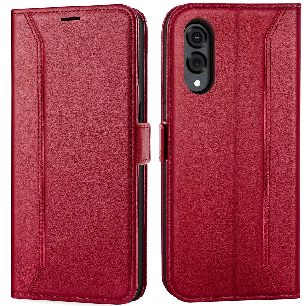 Rote Leder-Klapphülle, Vorder- und Rückansicht, für Samsung Galaxy S25 Edge.