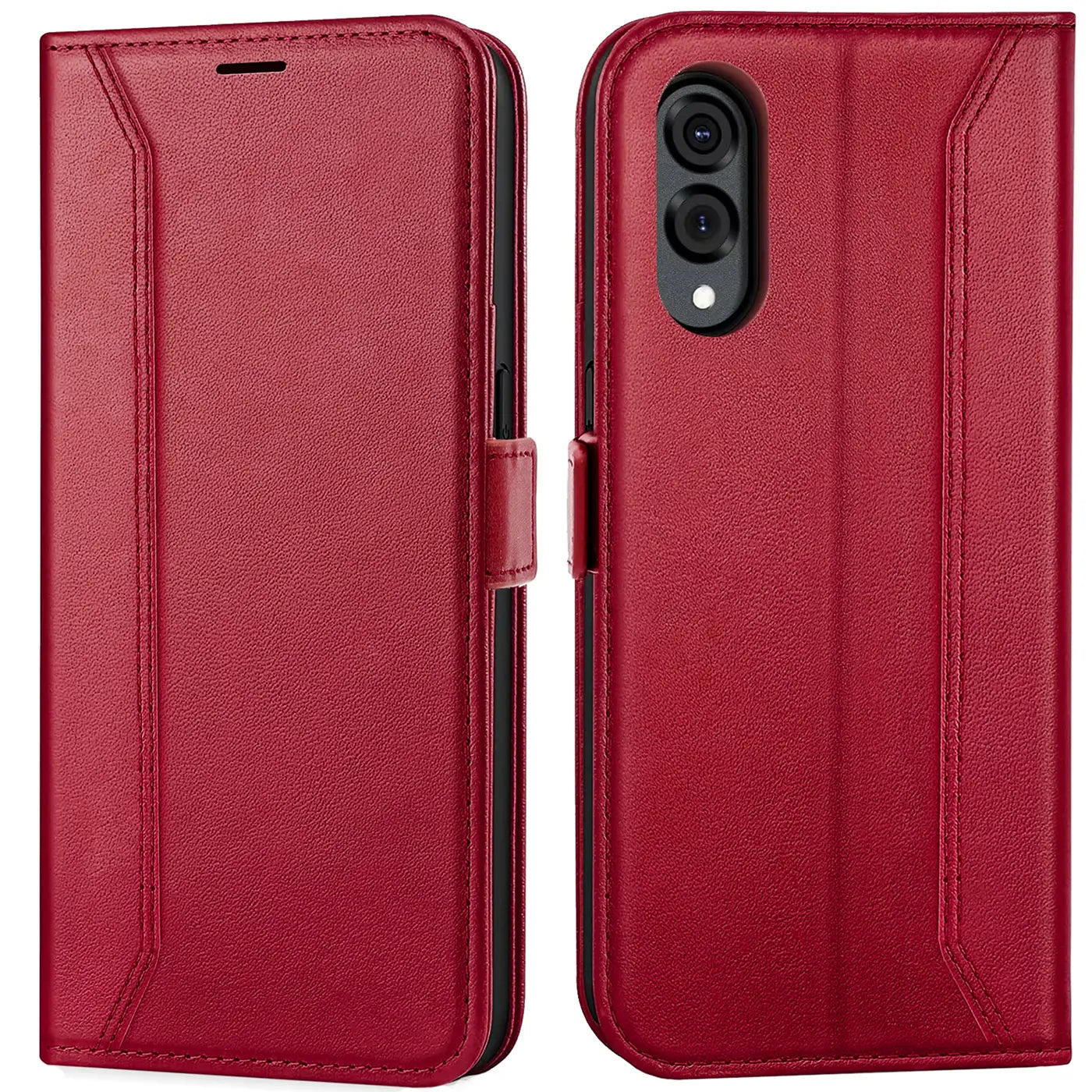 Rote Leder-Klapphülle, Vorder- und Rückansicht, für Samsung Galaxy S25 Edge.