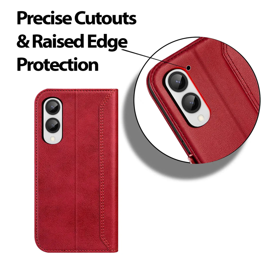 Rote Leder-Klapphülle mit Kameraausschnitt für Samsung Galaxy S25 Edge.
