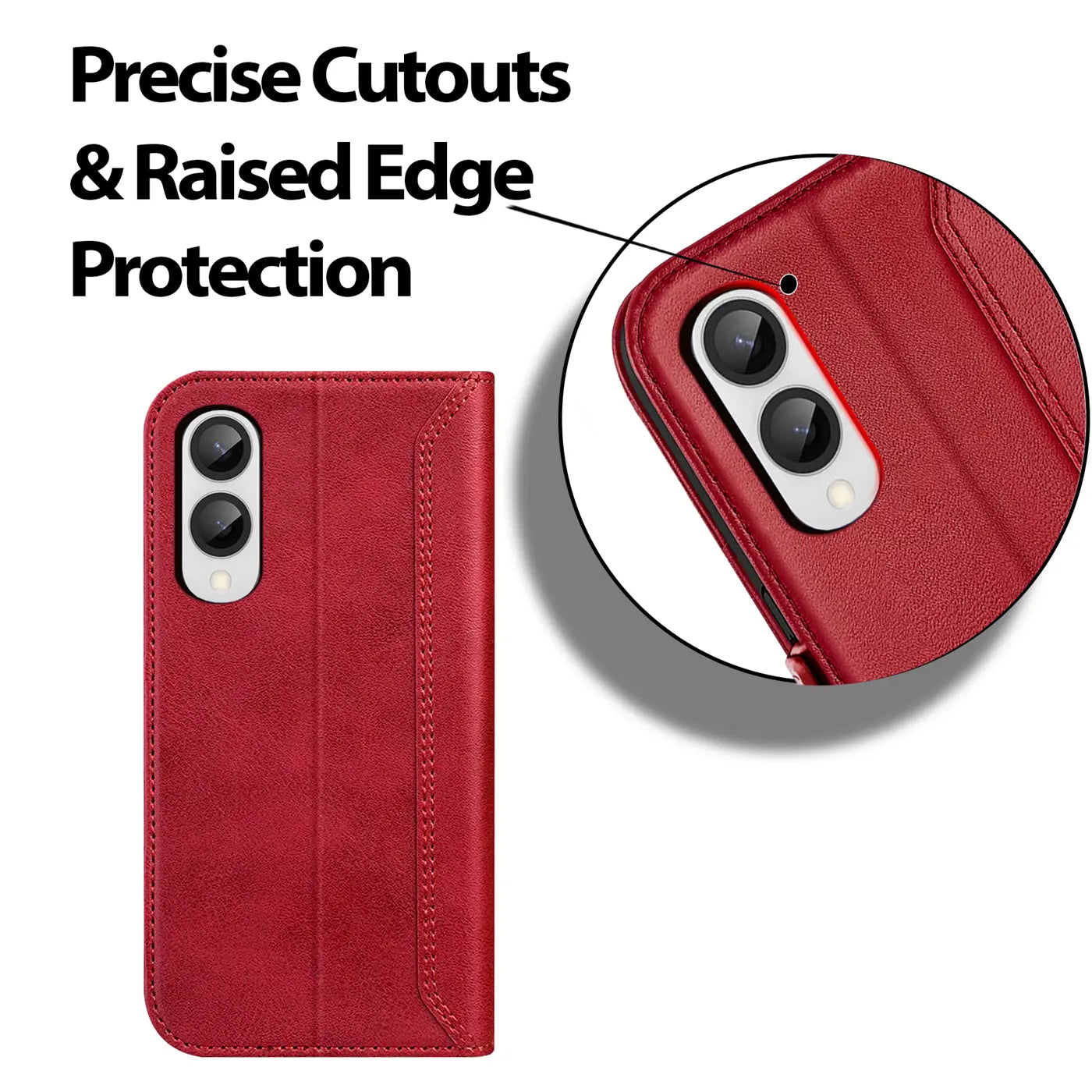 Rote Leder-Klapphülle mit Kameraausschnitt für Samsung Galaxy S25 Edge.