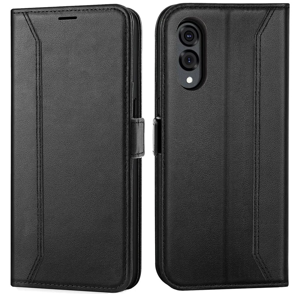 Schwarze Leder-Klapphülle, Vorder- und Rückansicht, für Samsung Galaxy S25 Edge.