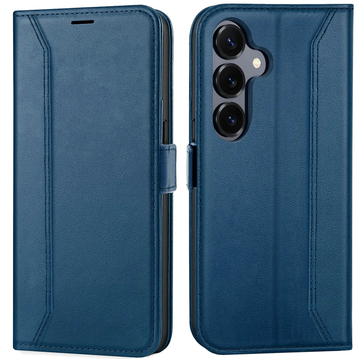 Blaue Kunstleder-Klapphülle mit RFID-Schutz, Vorder- und Rückansicht, zeigt ein Smartphone mit drei Kameras.