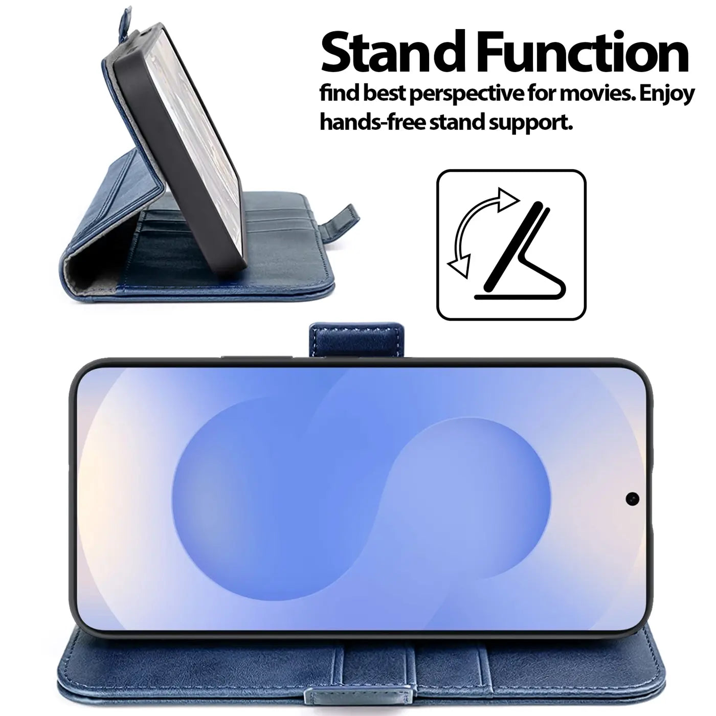 Blaue Leder-Klapphülle mit integriertem Ständer für Samsung Galaxy S25 FE.