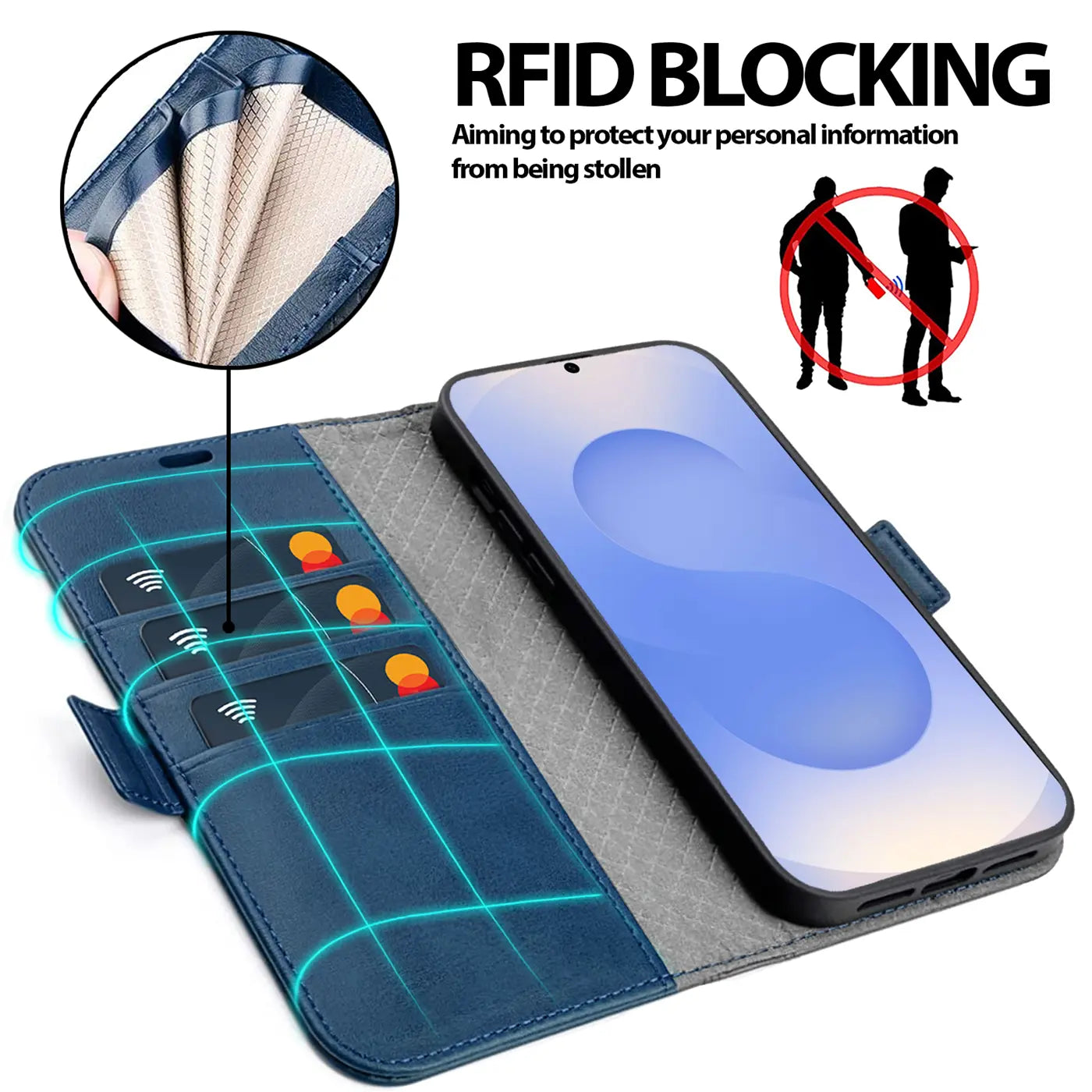 Blaue Leder-Klapphülle mit Kartenfächern und Samsung S25 FE, von oben schräg.