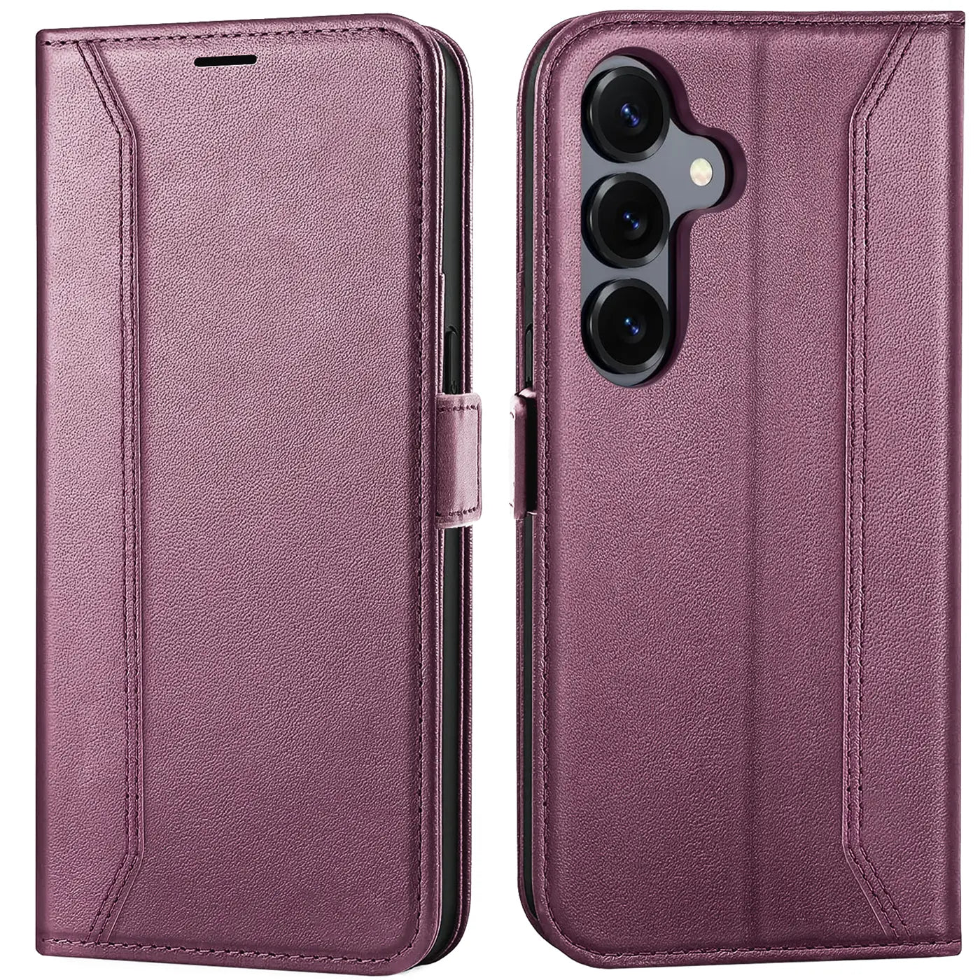 Lila Kunstleder-Klapphülle, Vorder- und Rückansicht, mit Samsung Galaxy S25 FE