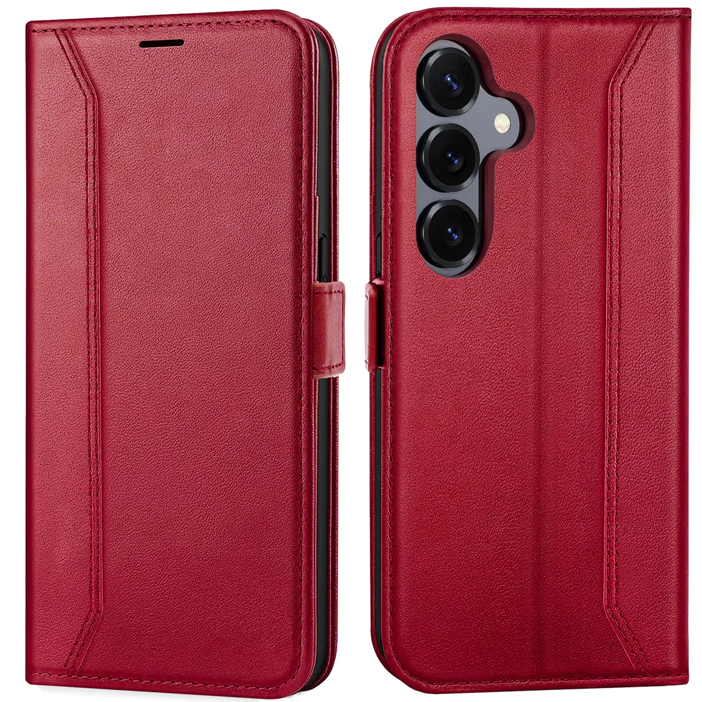 Rote Leder-Klapphülle, Vorder- und Rückansicht, zeigt Kamera-Aussparung für Samsung S25 FE.