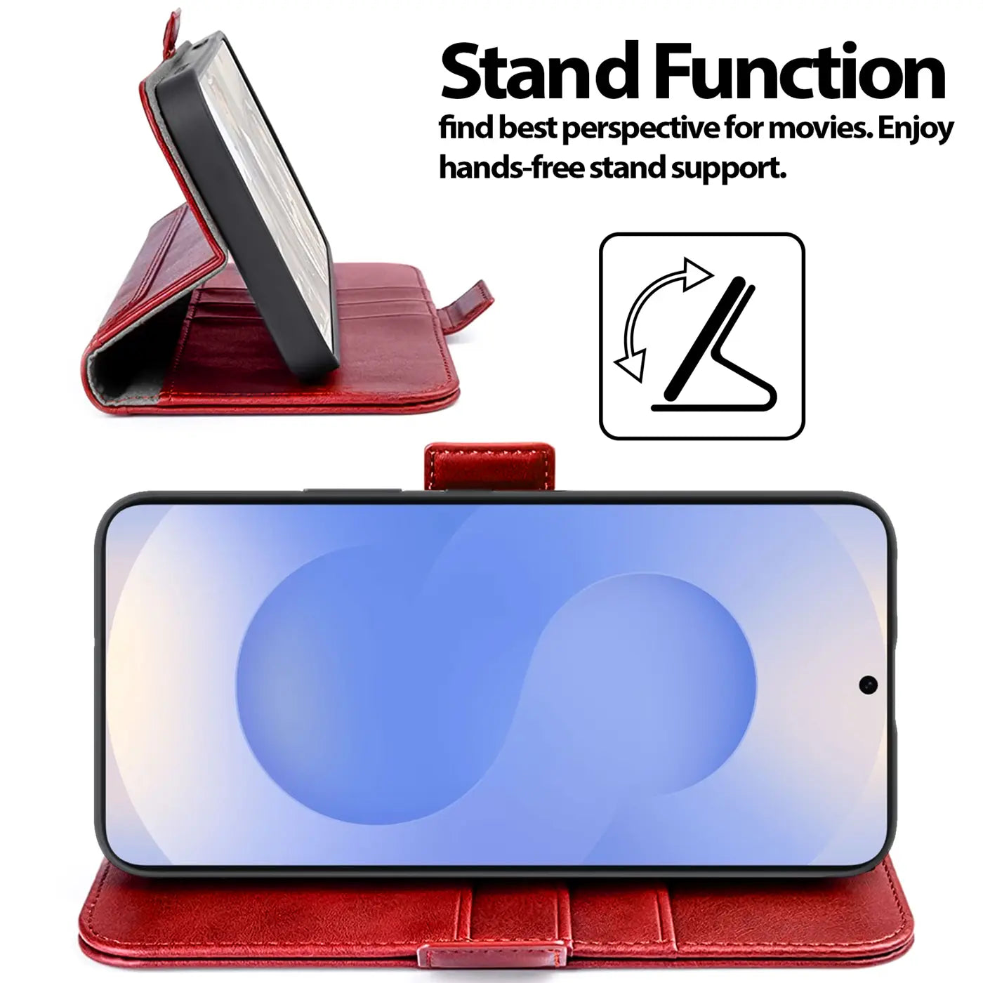 Rote Leder-Klapphülle mit integriertem Ständer für ein Smartphone, Seitenansicht.