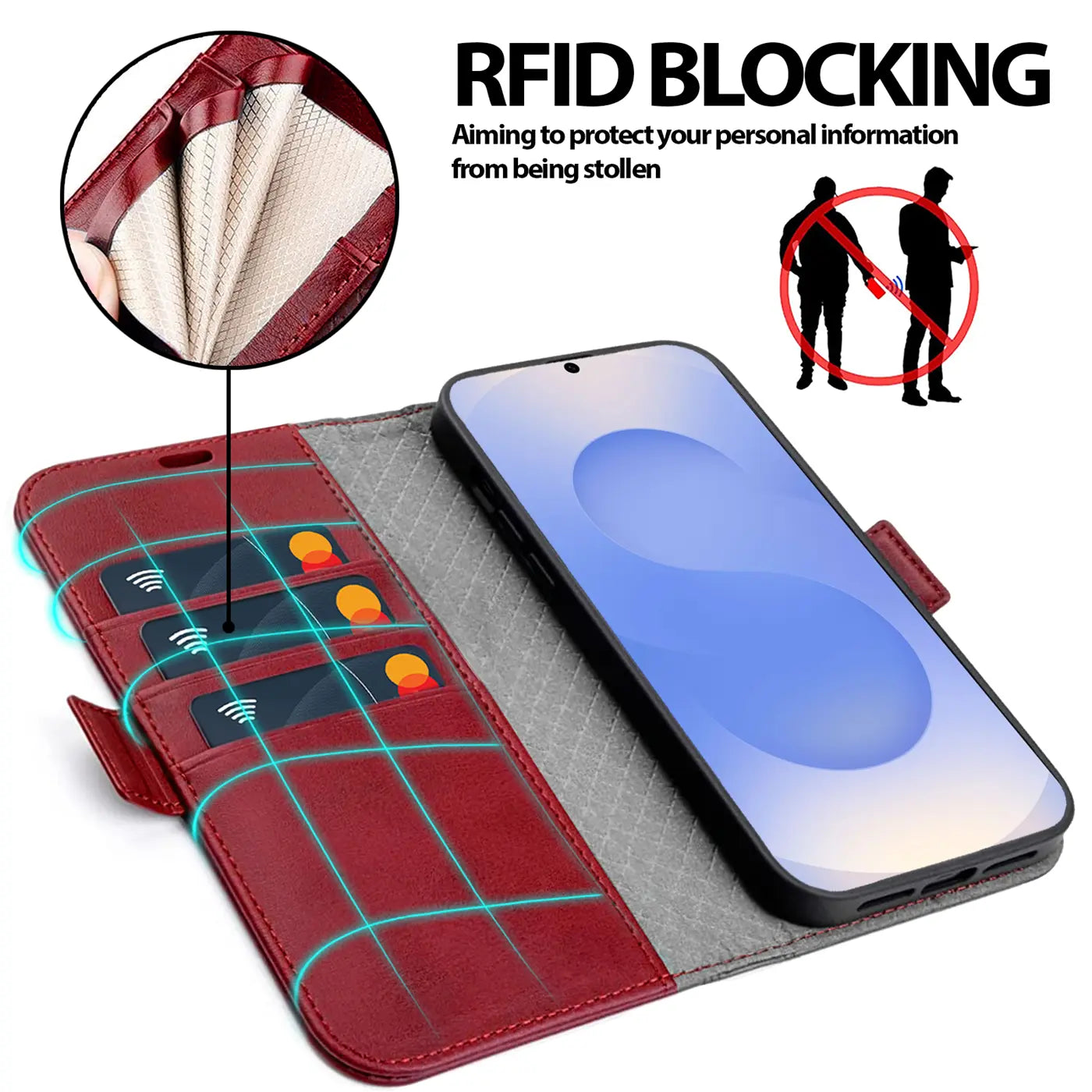 Rote Leder-Klapphülle mit Kartenfächern und Samsung Galaxy S25 FE, von oben.