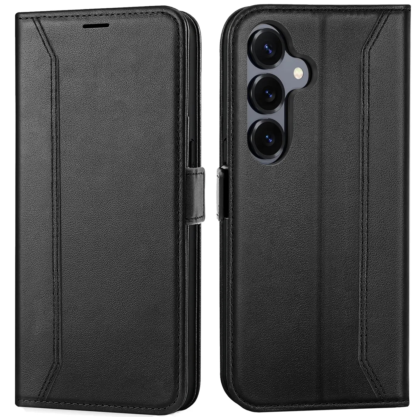 Schwarze Leder-Klapphülle mit offenem Samsung Galaxy S25 FE, Vorder- und Rückansicht.