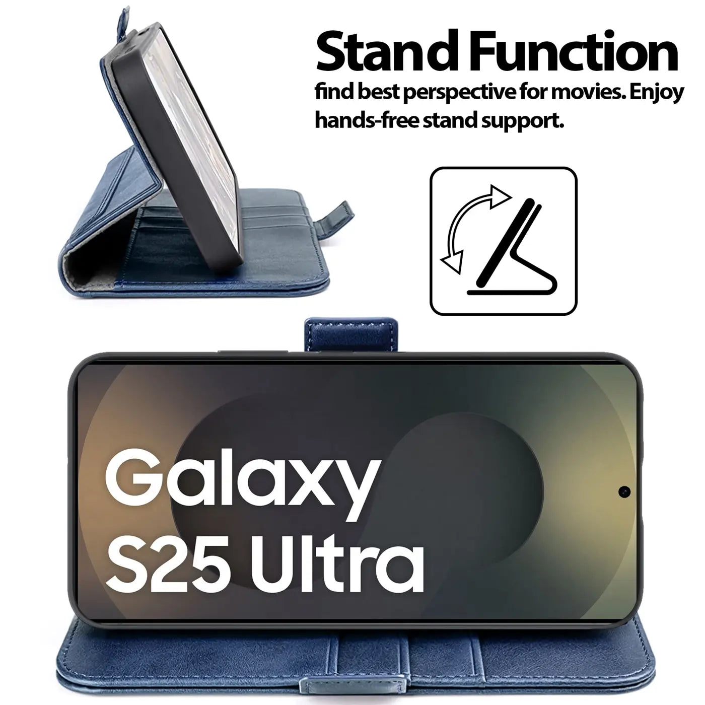 Blaue Kunstleder-Klapphülle im Querformat, Samsung Galaxy S25 Ultra mit Standfunktion.