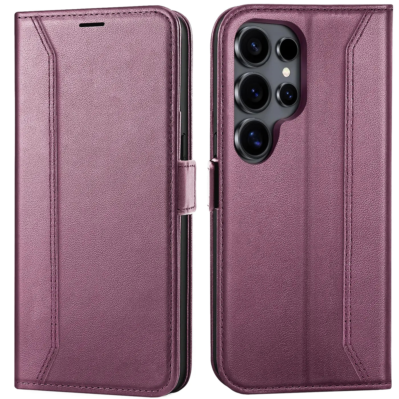 Lila Leder-Klapphülle mit RFID-Schutz für Samsung Galaxy S25 Ultra, Vorder- und Rückansicht.