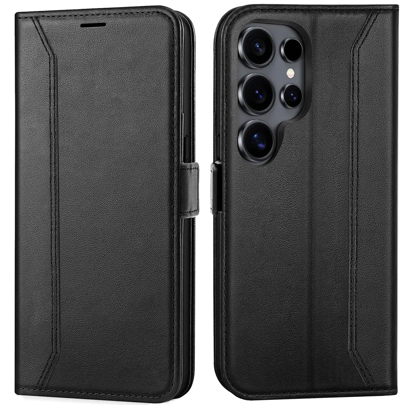 Schwarze Leder-Klapphülle, Vorder- und Rückansicht, mit Samsung Galaxy S25 Ultra