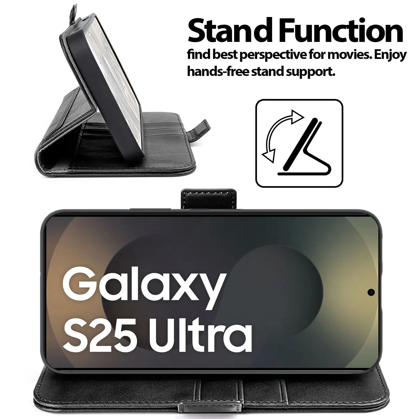 Schwarze Leder-Klapphülle mit integriertem Ständer für Samsung Galaxy S25 Ultra.