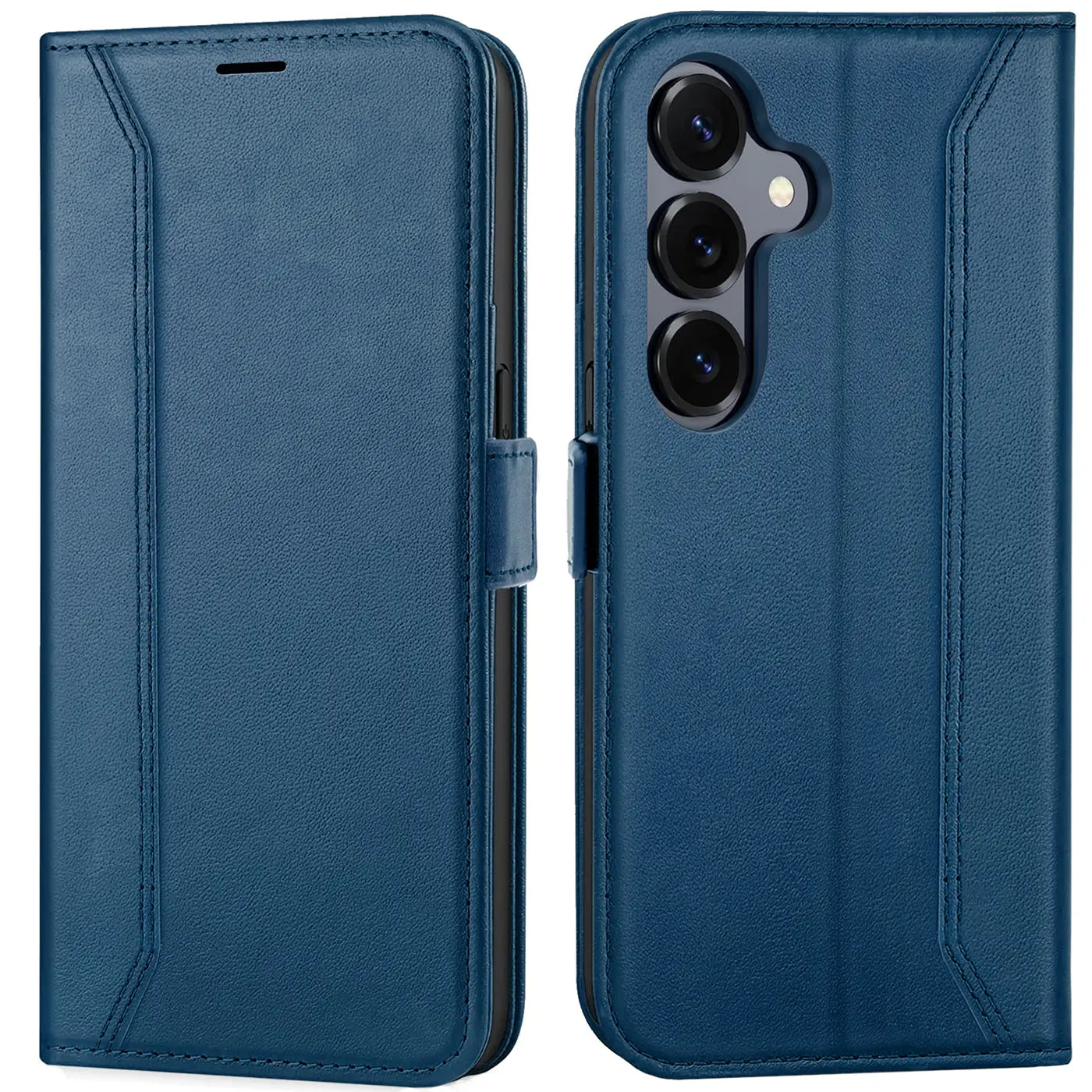 Blaue Leder-Klapphülle mit RFID-Schutz, Vorder- und Rückansicht, zeigt Samsung Galaxy S26.