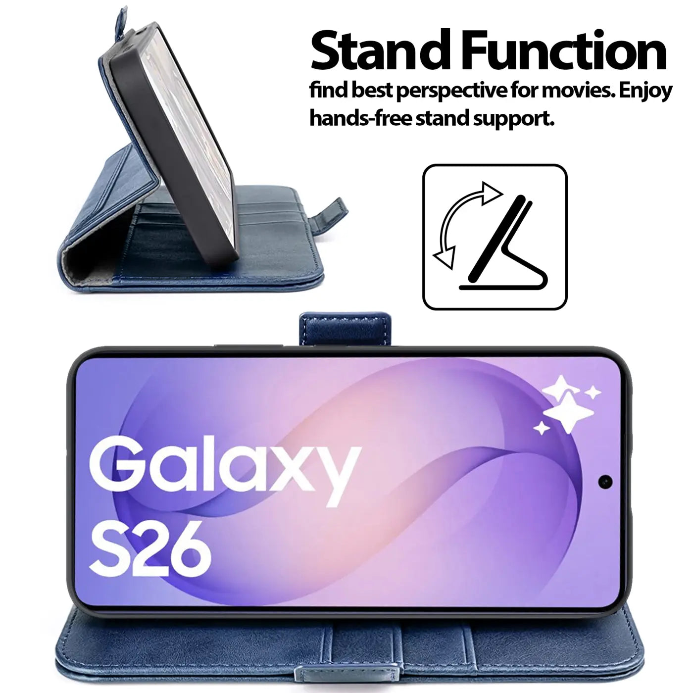 Dunkelblaue Kunstlederhülle, seitliche Ansicht, zeigt Samsung Galaxy S26 im Ständer.