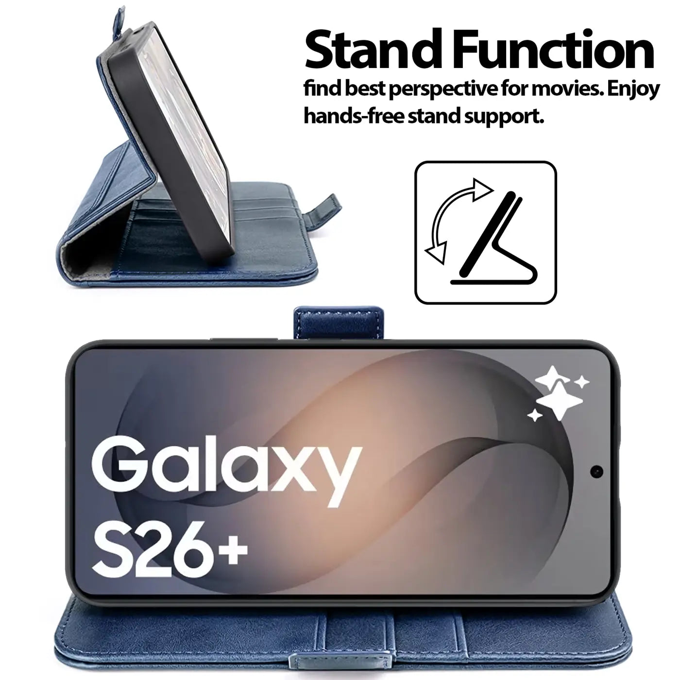 Blaue Kunstleder-Klapphülle mit Ständerfunktion für Samsung Galaxy S26 Plus.