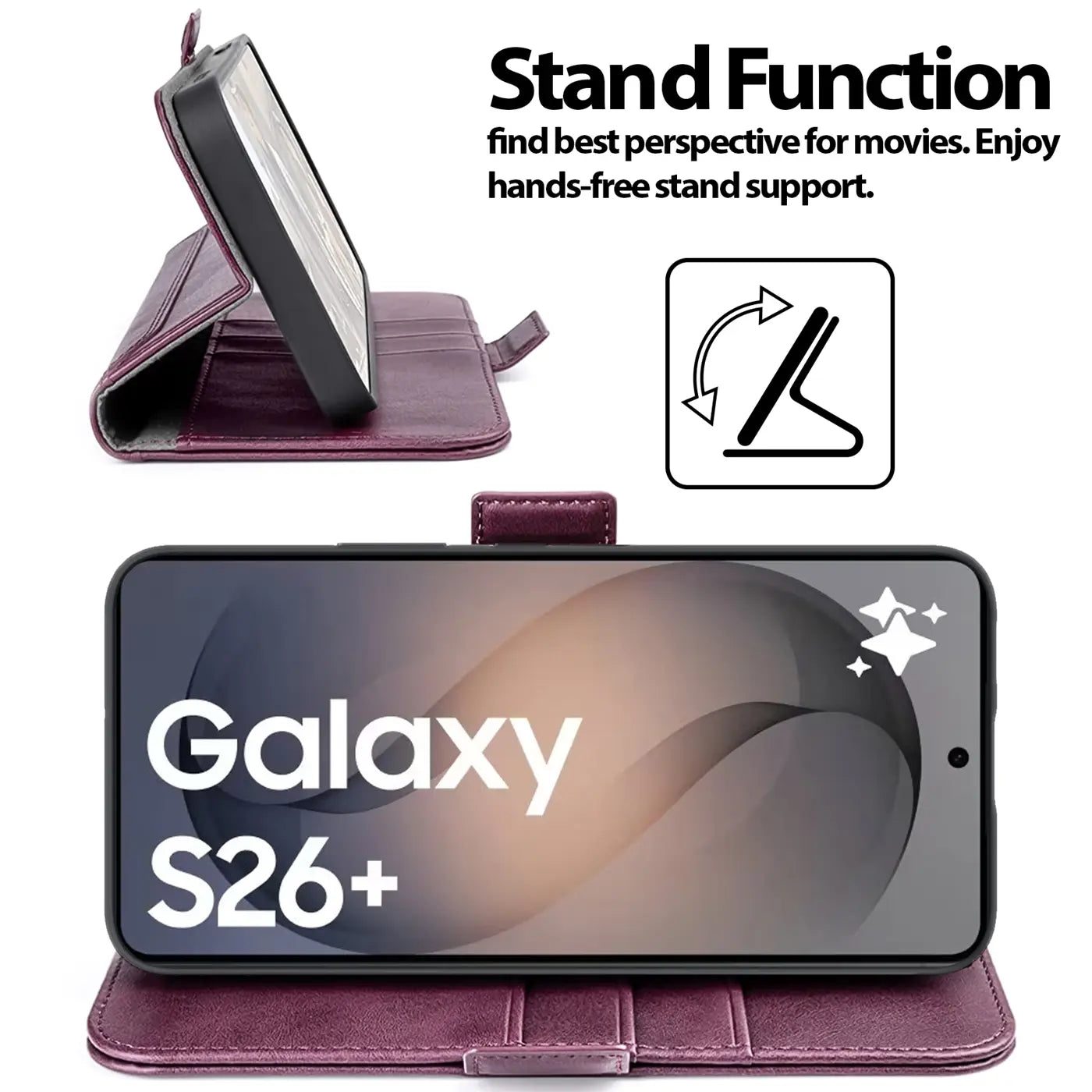 Dunkelrote Lederhülle für Samsung Galaxy S26+, Seitenansicht, aufgestellt.
