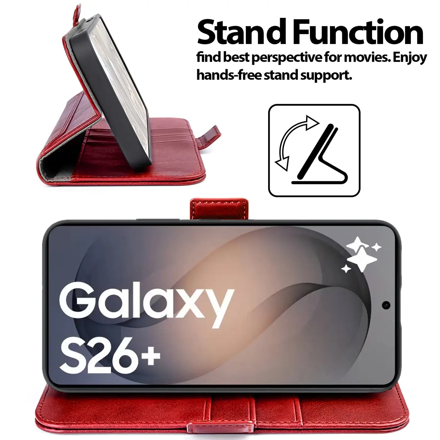 Rote Lederhülle mit Standfunktion für Samsung Galaxy S26+, von vorne und seitlich