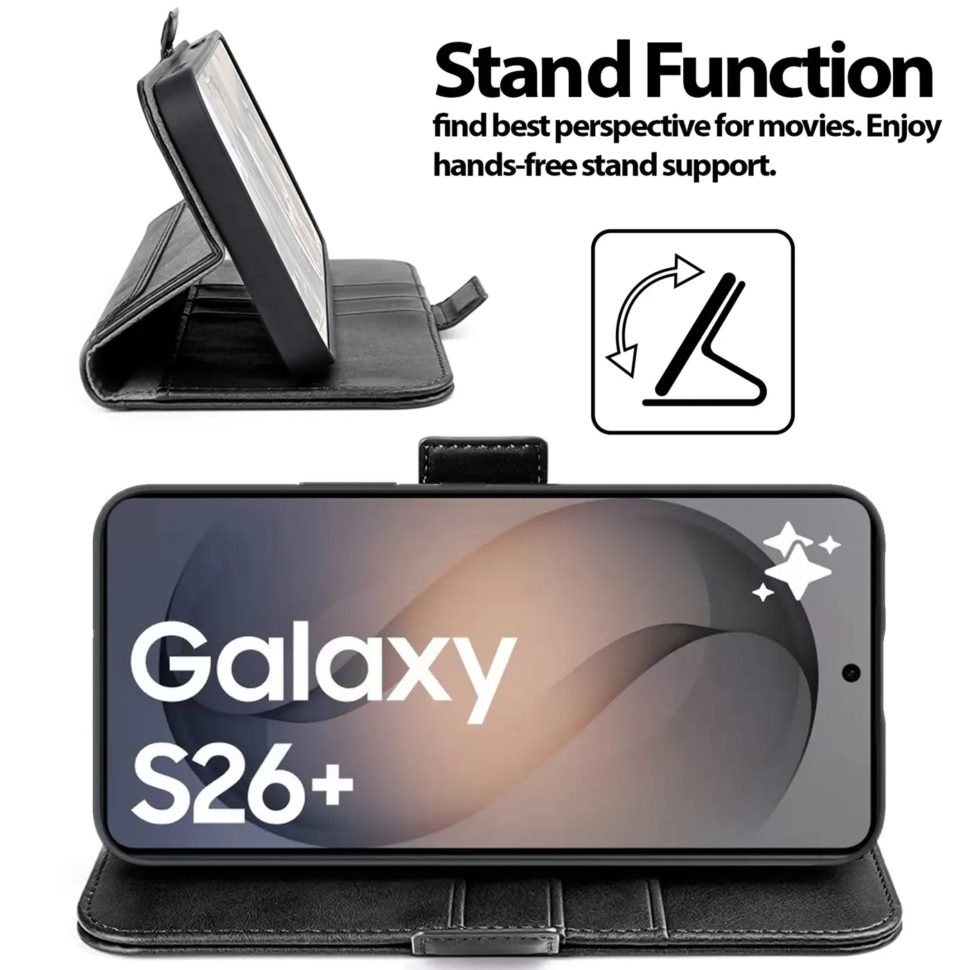 Schwarze Leder-Klapphülle mit Ständerfunktion für Samsung Galaxy S26+, von vorne und seitlich gezeigt.