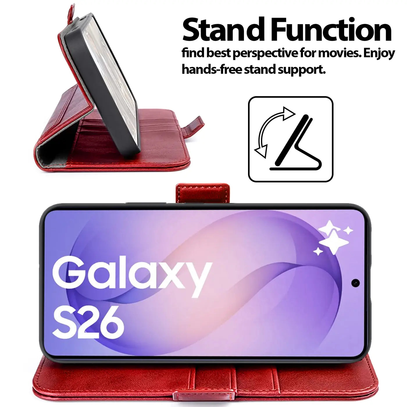 Rote Leder-Klapphülle mit Standfunktion für Samsung Galaxy S26, von vorne und Seite
